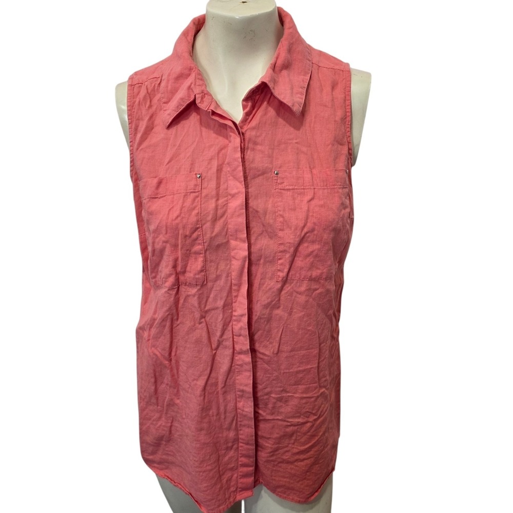 Dana Buchman Linen Rayon Sleeveless Button Front Blouse Coral Pink Women's L‎